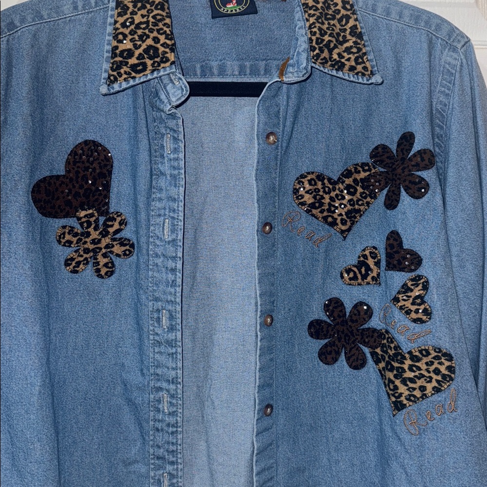 Leopard Trim Denim Jacket/Button Up - Picture 2 of 5